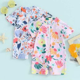 Één-stuks peutermeisjes uitslag opslagbeschermer zwempak rompers zipper korte mouw bloemenprint kinderen badpak baby badkleding h240508