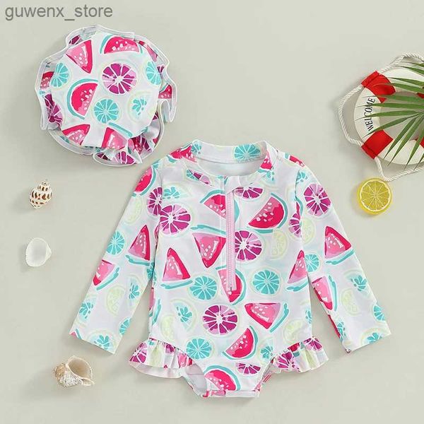 One-pièces pour les enfants en bas âge pour les filles Rash Gard Gardons Roupères à manches longues Printmelon imprimé bébé Ruffles Suivi de bain Swimwear avec capuchon de natation Y240412