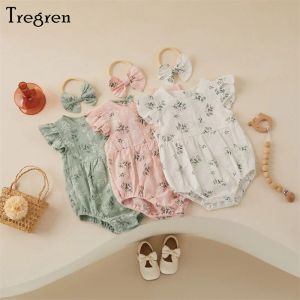 One-Pieces Tregren 024M COMPERS SUMME Baby Clothing Toddler Girls Cotton Fly Sleve Floral Imprimerie Romper Top Hair Band 2pcs Tenues