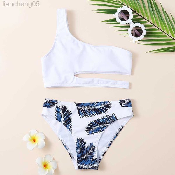 Traje de baño de una pieza con estampado de hojas tropicales para niña, conjunto de bikini de un hombro para niños, traje de baño recortado de dos piezas para niños de 7 a 14 años, traje de baño 2023 W0310