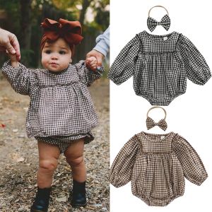 One-pièces Vintage Automne nouveau-né les filles Rompers Rompers vêtements en coton à carreaux volants lanterne