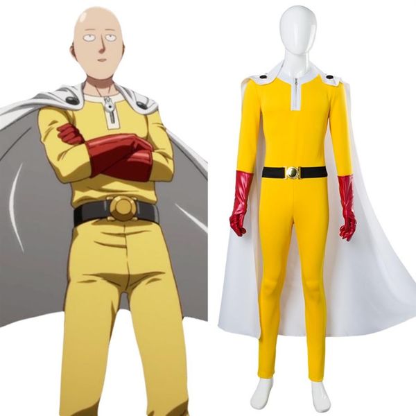 One Punch Man Cosplay Costumes Saitama Cosplay Jumosuits Cape Ceinture Chapeau Gants Ensemble Complet pour Halloween Party238x