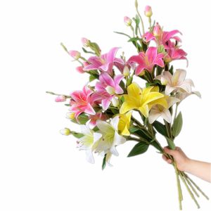 Een echte touch lily flower tak 6 hoofden faux kunstmatige pu groenachtige lelie stam 76 cm voor bruiloft centerpieces bloemen arrangement