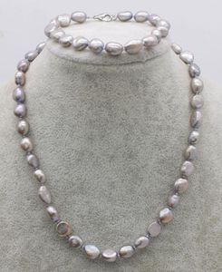 Un ensemble de perles d'eau douce gris baroque 8-9mm, collier et bracelet, vente en gros, 18 pouces FPPJ, perles naturelles, cadeau