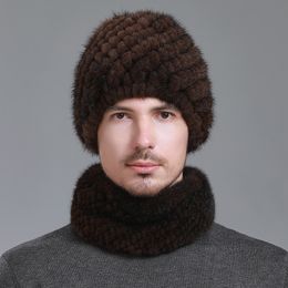 Un ensemble chapeau + écharpe en vraie fourrure de vison pour hommes, bonnet tricoté élastique, col chaud d'hiver, chapeau de Ski en plein air