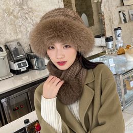 Un conjunto de gorro de piel de visón auténtica para mujer + bufanda de punto, gorro tipo cubo, sombrero de invierno, cuello cálido, gorro de esquí para exteriores