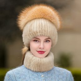 Un ensemble chapeau en fourrure de vison véritable pour femmes + écharpe bonnet tricoté bonnet col chaud col chaud