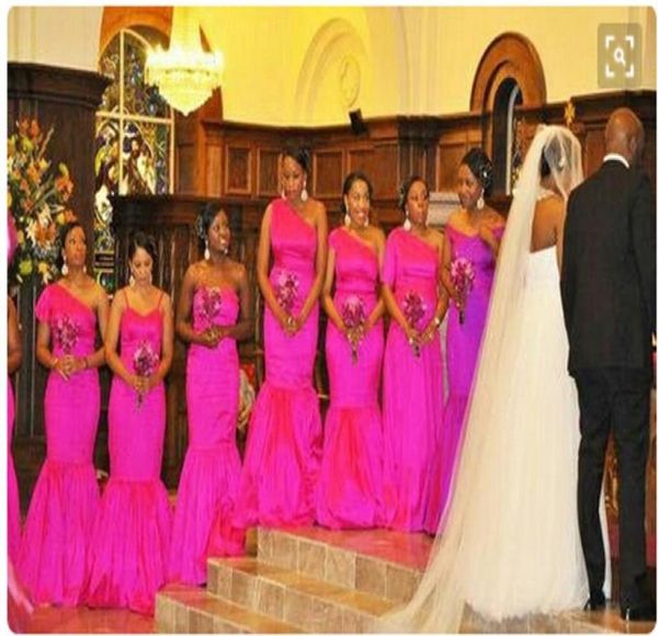 Une Épaule Afric Fushia Robes De Demoiselle D'honneur Satin Sirène Sur Mesure De Mode De Mariée Demoiselle D'honneur Robes 2016 Robe De Soirée Formelle8821136