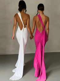 Een schouder backless verstelbare sjaal lus ruches sexy maxi-jurk 2024 dames elegante y2k vintage jurk mode zomer gewaad maat 240307