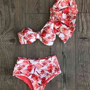 Een schouder bikini set sexy ruche badmode vrouwen badpak hoge taille badpak beachwear rode print biquini vrouw 210611