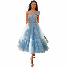 Une épaule bleu court bal Dres 2023 plissé thé longueur robes de soirée femmes Couture Graduati Dr Vestidos Noche P02j #