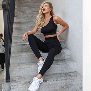 One-shoulder beha crop top dames naadloze yogaset fitness sportpakken sportschool kleding hoge taille running leggings workout broek H1221