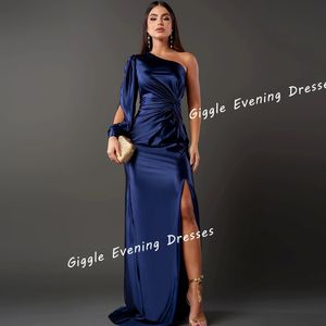 One-shoulder nauwsluitende satijnen prom-jurk plooerende Saoedi-Arabische spleet zomer elegante formele dames mooie avondjurken 240520