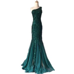 Een Schouder Emerald Avondjurken Groene Lovertjes Lange Zeemeermin Prom Gown Glitter Elegante Feestjurk Patroon Kant Formele Jurk ENG056