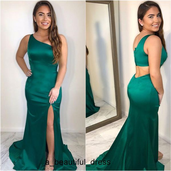 Vestidos de graduación de satén verde esmeralda de un hombro, vestidos de fiesta con abertura en la pierna, vestidos de graduación simples largos con espalda abierta, vestidos de noche ED1245