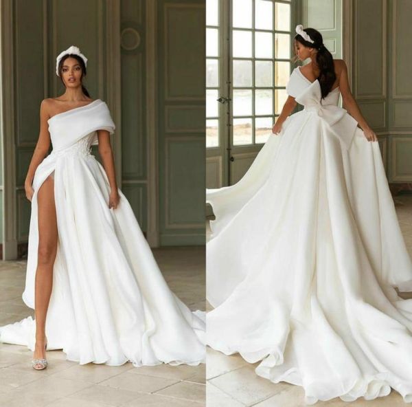 Vestidos de novia flotantes de un hombro, apliques con abertura alta en el muslo, nuevos vestidos de novia 2020 con lazo grande, bata de tren de barrido, Mariee9992205