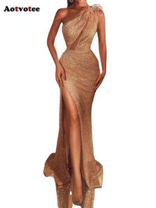 Robe de soirée asymétrique épaule dénudée pour femmes, nouvelle mode élégante, ajourée, fendue, Chic, Slim, paillettes, Maxi