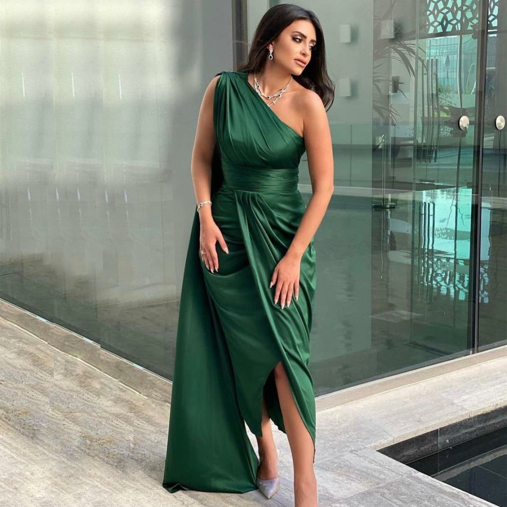 One Shoulder Green Bridesmaid Dresses Sheath Ankle Length Satin Maid Of Honor Gowns Satin Ruched Robe De Soiree