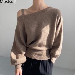 Pull tricoté à une épaule Jumpers Femmes Batwing Sleeve Sexy Mode Élégant Femme Sweaters Tops Femme 210513