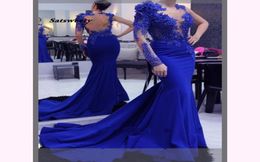 Un hombro sirena vestidos de noche de manga larga cuentas de encaje sin respaldo azul real vestido formal fiesta vestido de fiesta Robe De Soiree8442585