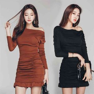Een schouderstuk dameskorea jurk voor vrouwen herfst lange mouw asymmetrie nek linnen sexy fahsion feestjurken 210602