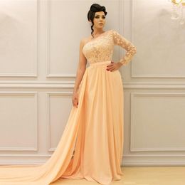 Eén schouder Prom Dresses Kant Kralen 2019 Chiffon Custom Made Party Jadsjurk Snelle Lange Jurken Court Train Party