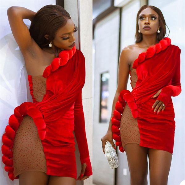 Une épaule rouge velours robes de Cocktail 3D fleurs femmes fête d'anniversaire Mini robes personnaliser vestido de novia