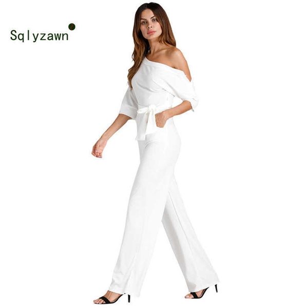 Une épaule barboteuses femmes combinaison blanche longue jambe large pantalon Slash cou solide combinaison élégante fête moulante OL ceinture combinaison 210709