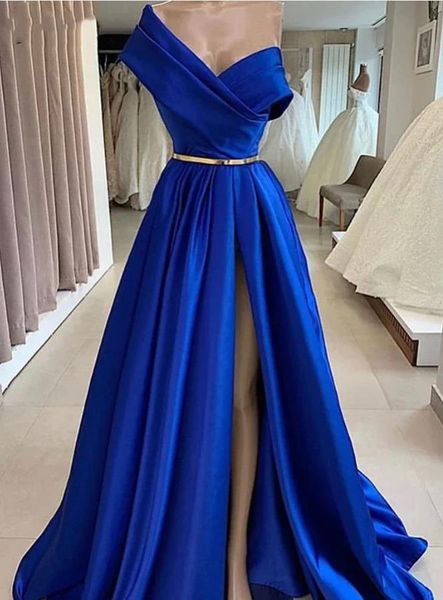 One épaule Robes de soirée bleu royal satin Dubaï côté haute fente dorée ceinture de bal formelle Party Night Vestido de Fiesta de Boda