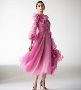Één schouder ruches prom jurk stoffige roze feestjurken fotografie props fotoshoot tule thee lengte avondjurken
