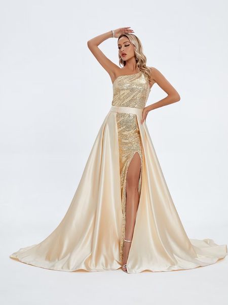 Robes de soirée longues en Satin, asymétrique épaule dénudée, à paillettes, robe de soirée formelle pour femmes avec traîne détachable