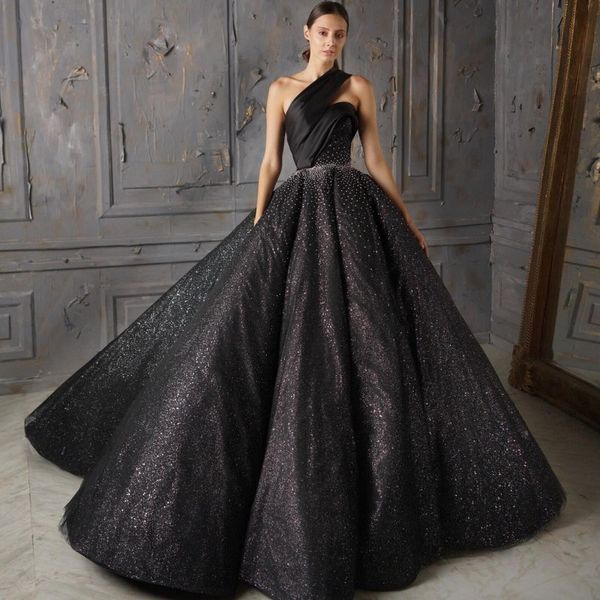 Une épaule sans manches robes de soirée magnifique robe de bal noire sexy robes de bal paillettes scintillantes perles sans manches robes de tapis rouge