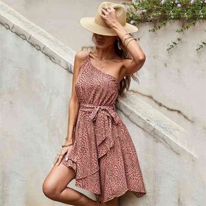 Een schouder zomer sundress casual vrouwen strand feestjurk luipaard print roze vestidos de mujer vintage mini 210427