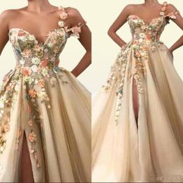 Une épaule Tulle une ligne longue robes de bal 3D dentelle florale appliques perlées fendues longueur de plancher robes de soirée formelles9235935
