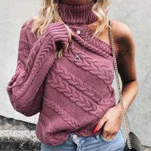 Eén Schouder Turtleneck Trui Dames Lange Mouwen Twist Gebreide Sexy Vrouwelijke Truien Lente Witte Vintage Pullover Top Chic 210518