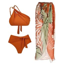 Eén schouder met kraal 3-delige sets Bikinirok Dames 2024 Biqunis Beachwear Badpak Effen Monokini Zomerzwemmen 240223