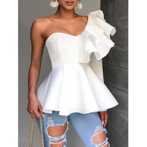 Un hombro con cremallera hasta Peplum Ruffle Tops Mujer Una manga larga Blusa blanca Camisa Elegante Blusa de fiesta para mujer Verano 240202