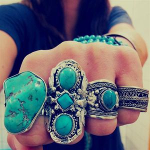 Eén stijl Vintage stijl Turks zilverlegering op maat gesneden antieke Perzische stenen verklaring Turquoise vingerringen2731