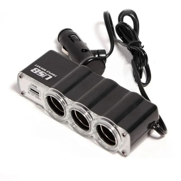 Un à trois + Port USB allume-cigare 3 voies Triple voiture allume-cigare répartiteur de prise un à trois + Port USB allume-cigare