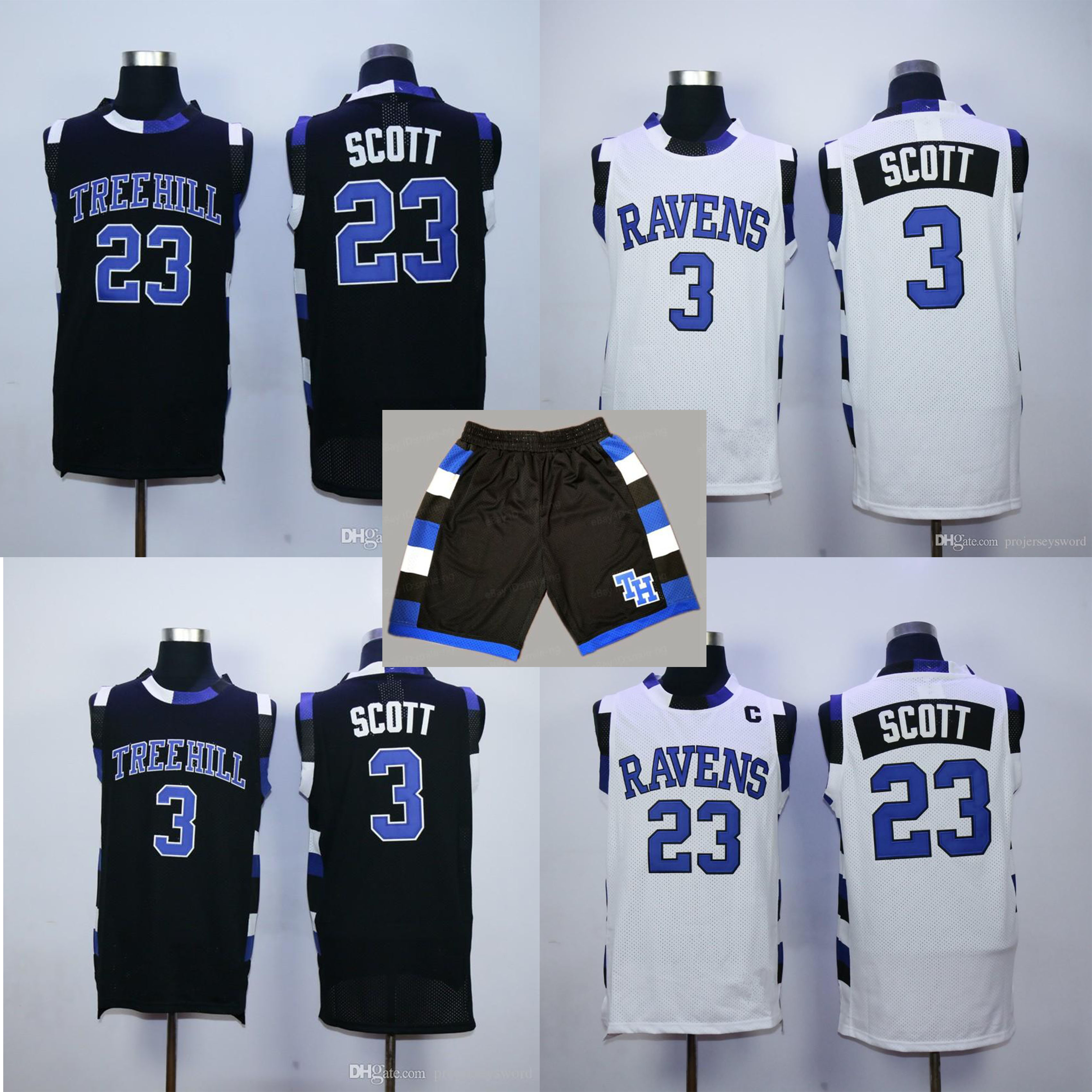 One Tree Hill Ravens # 23 Nathan Scott # 3 Lucas Scott Formalar Beyaz mavi siyah Erkek Nakış Basketbol Gömlekleri S-XXL formaları