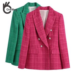OneBling femmes décontracté Traf manteaux printemps Chic orné boutons Tweed Long rose Blazers Femme épais vert vestes bleu 220402