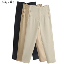 OneBling Za 2021 Mujeres Pantalones de primavera Trajes Pantalón de cintura alta Moda Oficina Beige Zip Elegante Rosa Casual Famale Stright Pants Q0801