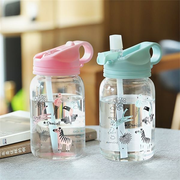 Oneisall botella de agua libre de BPA de dibujos animados niños lindos botella de agua de vidrio de paja de plástico portátil vaso deportivo taza 450 ml para niños 201106