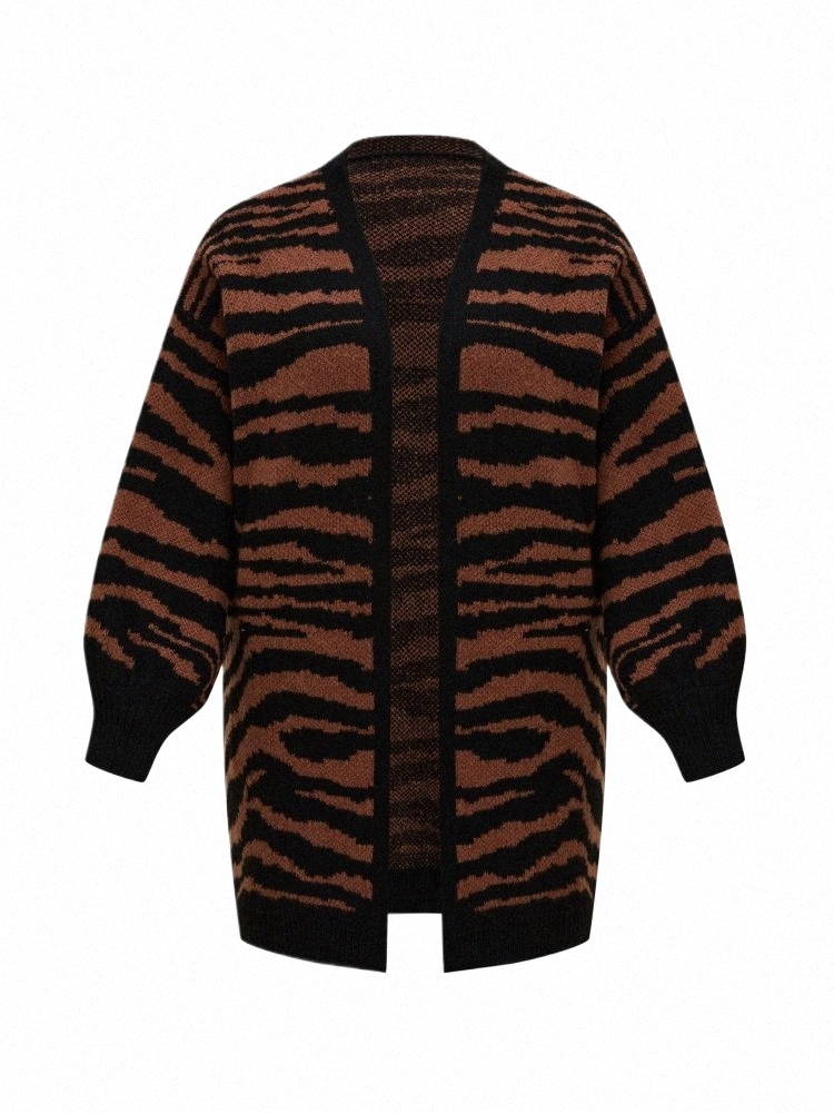 Onelink Wildleder Wolle Schwarz Braun Tiger Muster Woolen Plus Größe Frauen Offene Strickjacke Pullover Oversize Kleidung Herbst Winter 2022 U8LZ #