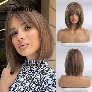 Oneonly Brown Wig Bob Synthetische S voor vrouwen Lolita Party Natural With Pony High Temperaty Short Hair 220622