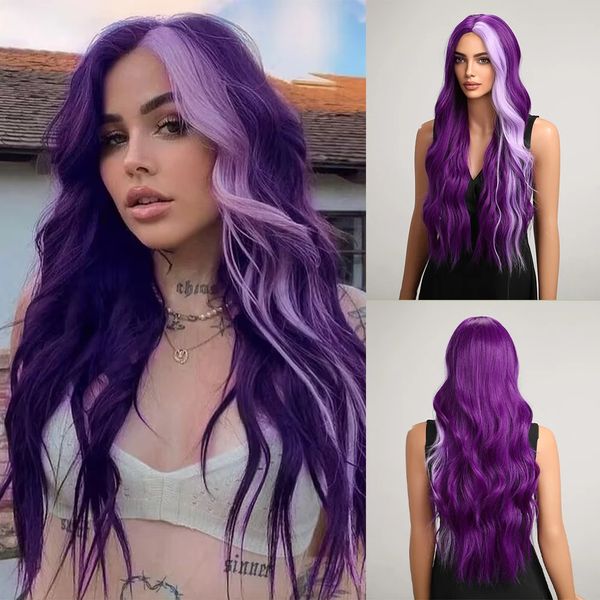 OneNoonly peluca larga púrpura pelucas sintéticas para mujeres onda Cosplay fiesta Halloween peluca pelo de alta calidad 240305