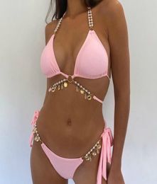 Onepiece costumes 2021 2pcs femmes maillot de bain bikini ensemble sexy licou perle cristal pendentif soutien-gorge à lacets couleur unie culotte élastique sum8330166