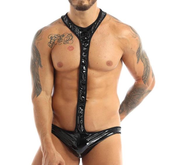 Suites de una sola látex macho Bodysuit sexy para hombre Faux Leather Body Stocking Open Buwrestling Singleta gay Jockstaps Costumes Club9253863