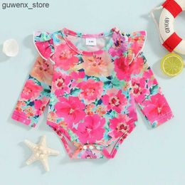 Onepieces 3M3TGirls Baby Gedrukte lange mouwen zwempak Rode lange mouwen Vliegende mouw Round Neck Hartgevormde Print Casual Daily Bikini Y240412 Y240412Y240417B15B15