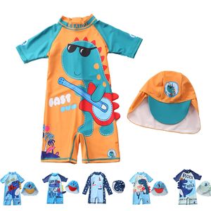 OnePieces UPF50 Baby Swimsuit Boys Cartoon Dinosaur Toddler Boy Zipper Swimwear met Sun Hat Rash Guard Surfing Pak Baden 230327